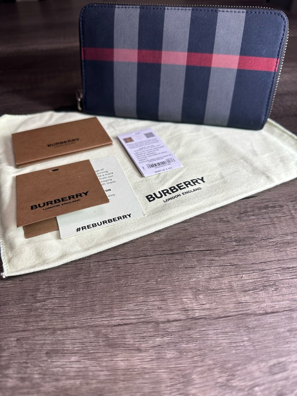 Burberry Zip-Around Wallet in Black with Red and Gray Stripe - Picture 2 of 13